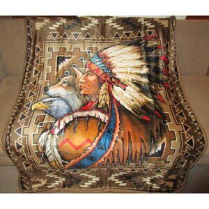 New Indian Chief Wolf Eagle Sherpa Plush Throw Gift Blanket Southwest Wall Decor